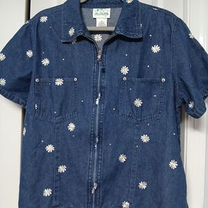 Blue Denim Kids Shirt with Daisy Embroidery